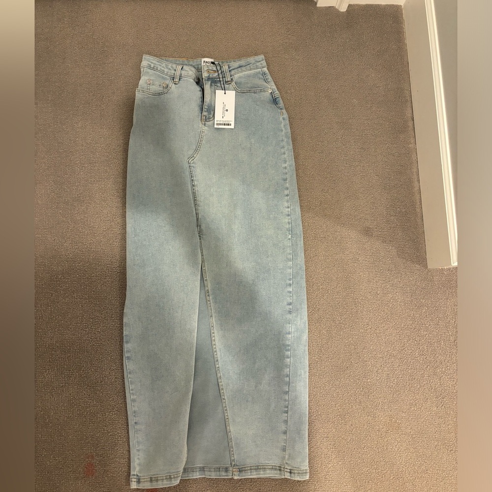 Princess Polly long denim light wash skirt with slit!